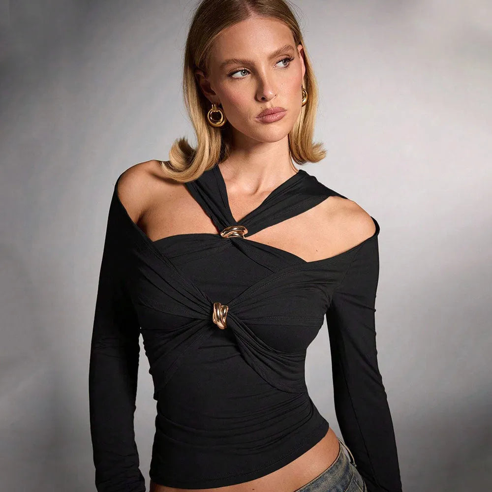 Black women's halter top with long sleeves and a 40cm short length in a slim fit.