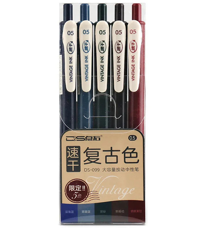 Retro colour gel pen set with plastic barrel and 0.5mm tip in five colour options