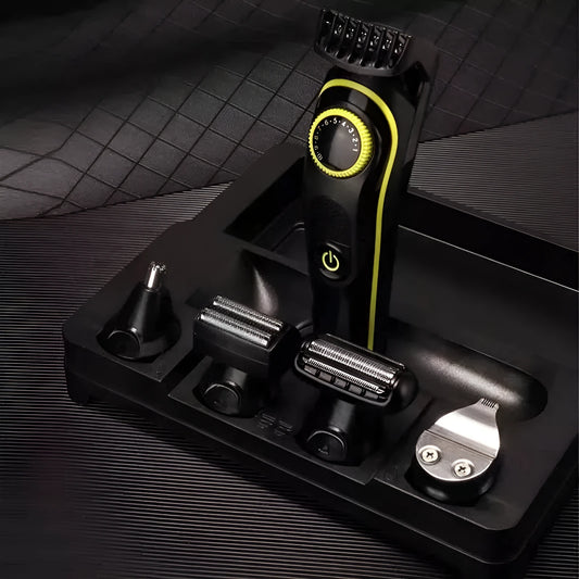 Black rechargeable electric hair clipper set with stainless steel blade and automatic grinding head