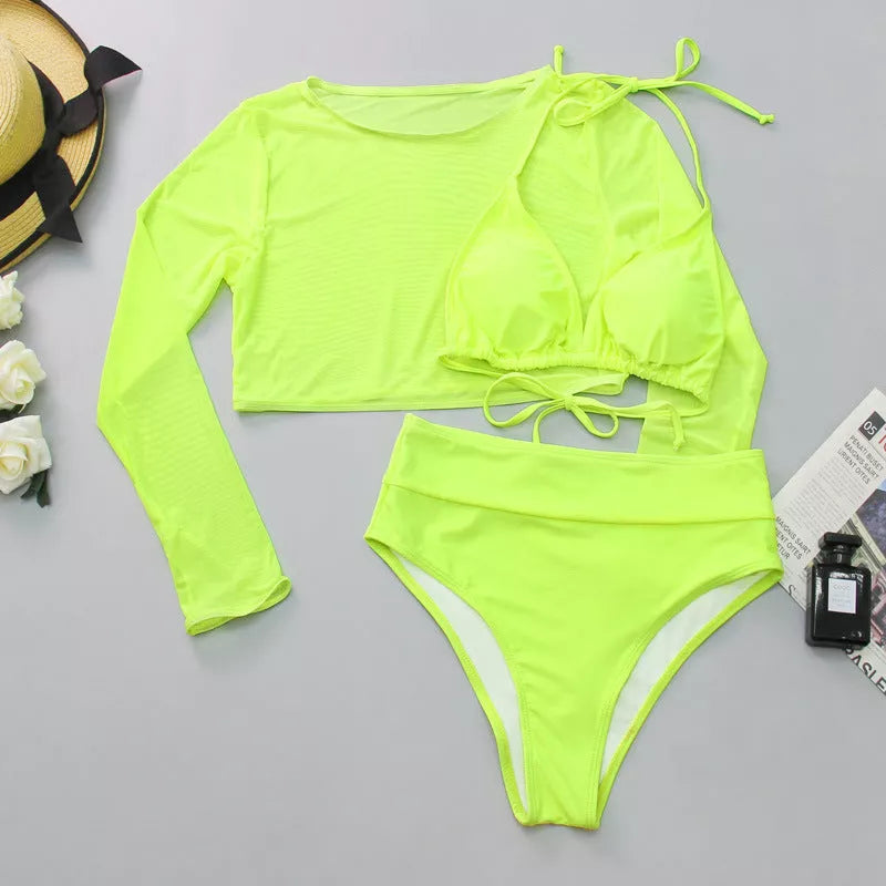 Mesh three-piece bikini split swimsuit in green, orange, pink with high-waist design