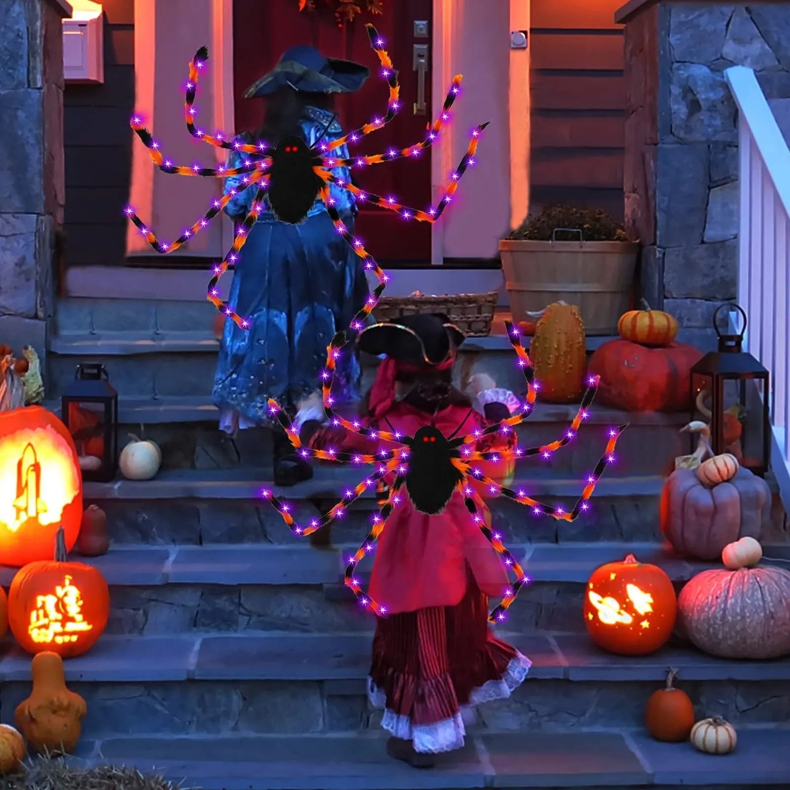 Halloween spider backpack with LED lights in plush material, available in multiple sizes and colours