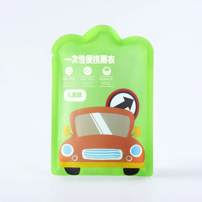 Disposable children's long rain poncho folded in its 13cm by 9cm bag, shown in blue colour.