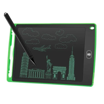 8.5-inch LCD writing board with stylus showing pressure-sensitive writing on blue background