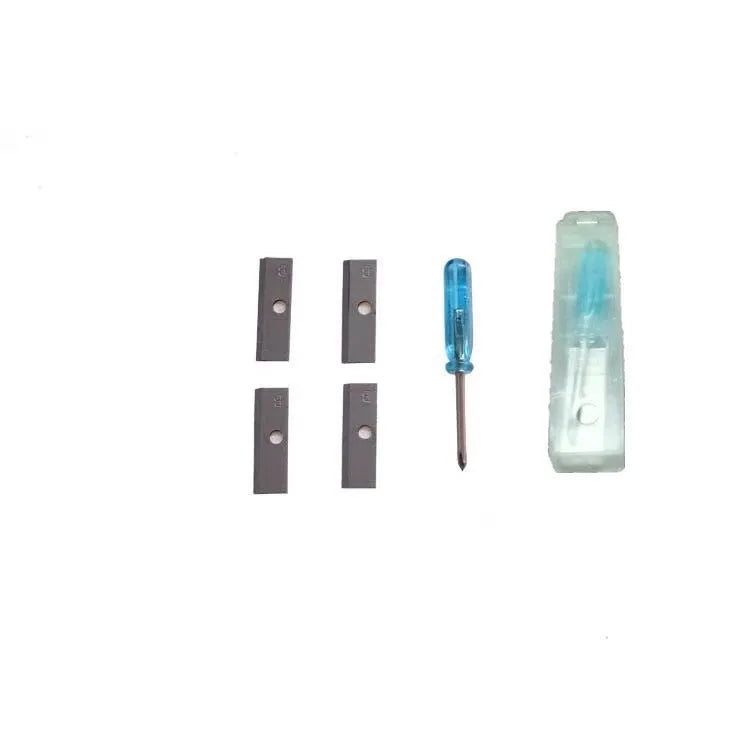 Four-hole pencil sharpener with geometric plastic design, four blades, and integrated screwdriver tool