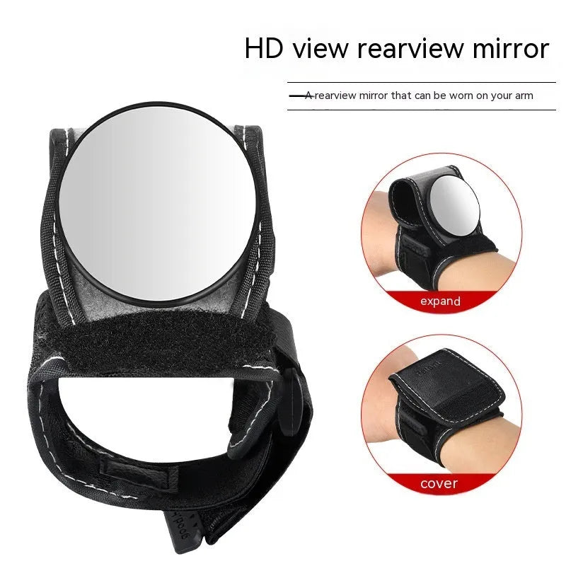 Black nylon wrist-mounted bicycle rear-view mirror for cyclists