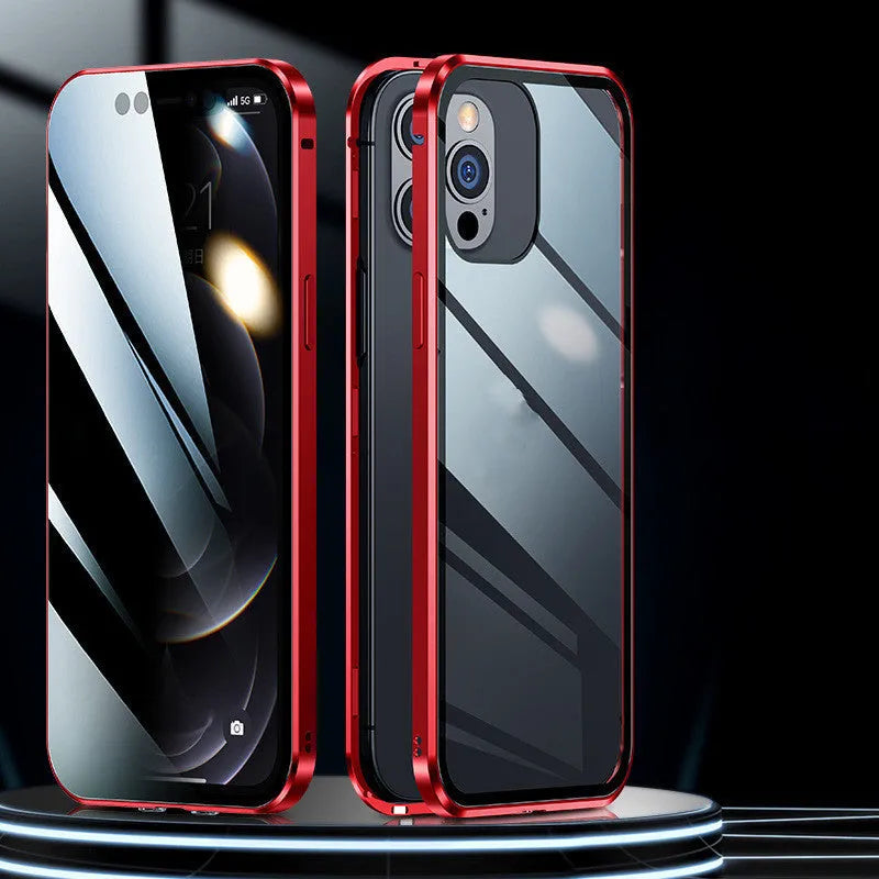 Double sided magnetic glass phone case in silicone for iPhone, available in black, red, silver, gold, dark green, emerald green and blue.