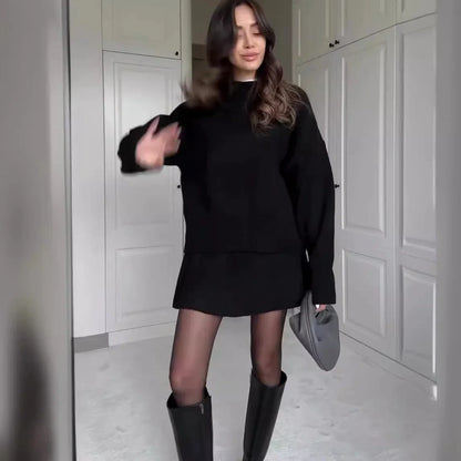 Stylish two-piece knit sweater and mini skirt set for women in a variety of classic colors