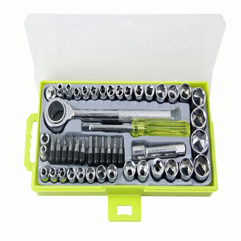 50-piece hexagonal spanner and socket set with 3/8-inch handle, metric and British sleeves, carbon steel