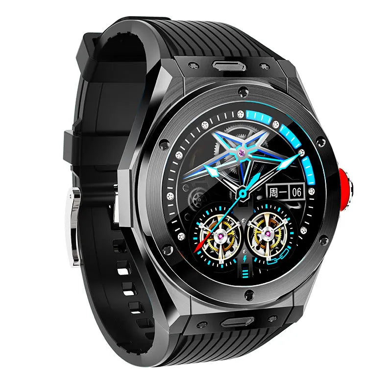 Black Bluetooth smart watch with 1.28-inch screen showing heart rate display on silicone sport strap