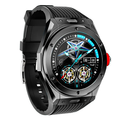 Black Bluetooth smart watch with 1.28-inch screen showing heart rate display on silicone sport strap