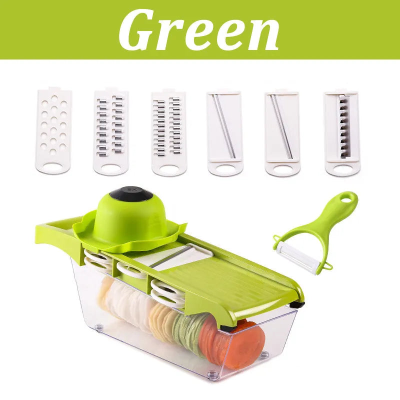 Multifunctional vegetable cutter with seven stainless steel blades on a food-grade plastic body.