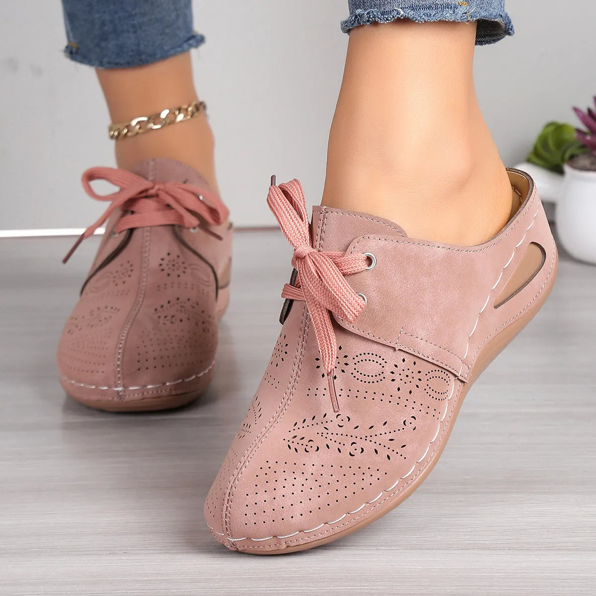 Women's baotou lace-up slippers with hollow out wedges in suede upper and rubber sole, available in multiple colours