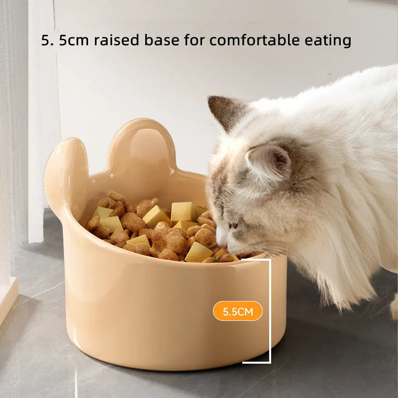 Ceramic pet feeding bowls with neck protection in white and brown animal designs