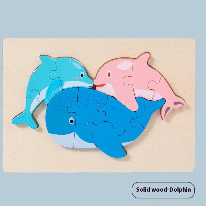 Children assembling wooden 3D puzzle model of dolphin family with 20-30cm dimensions