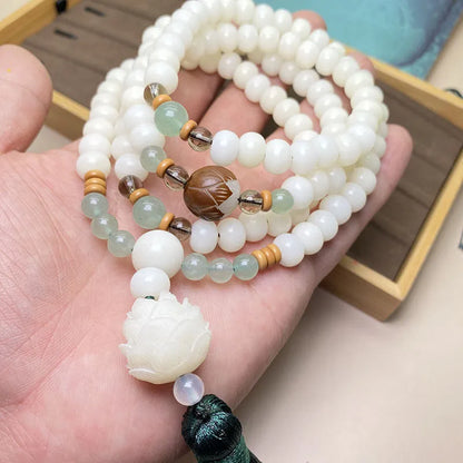 White Jade Bodhi bracelet with 108 beads showing three different bead size options