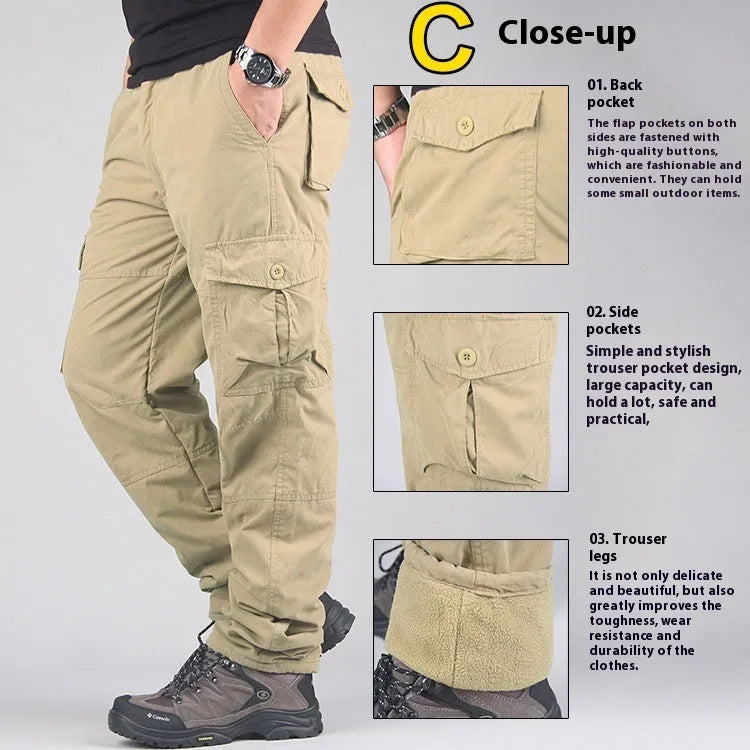 Men's stone-washed cotton overalls with wool lining in khaki colour, showing loose fit and straight leg design