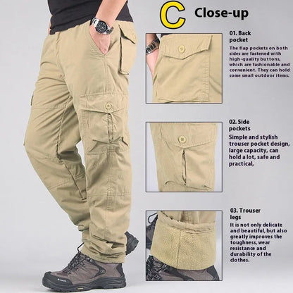 Men's stone-washed cotton overalls with wool lining in khaki colour, showing loose fit and straight leg design