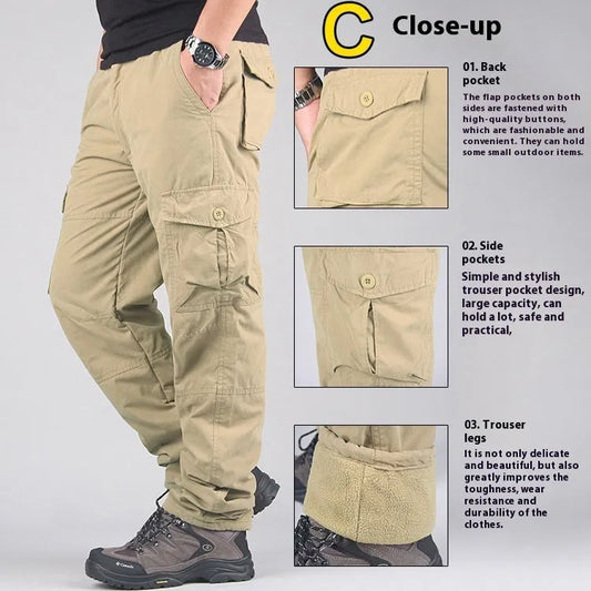 Men's stone-washed cotton overalls with wool lining in khaki colour, showing loose fit and straight leg design