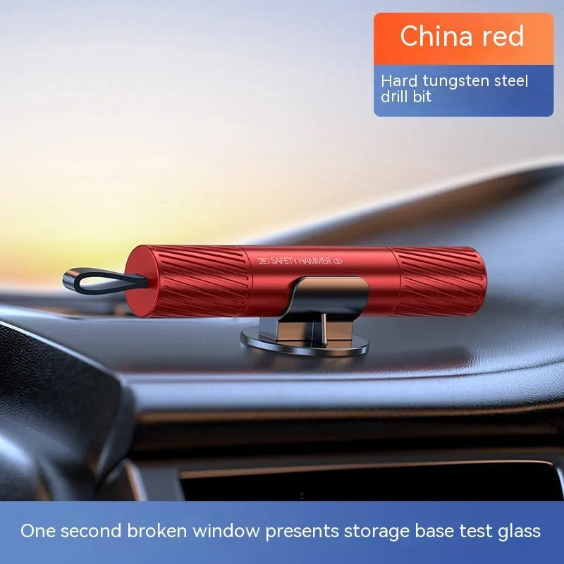 Aluminium alloy car safety hammer with cutting blade in black, red, and silver colour options