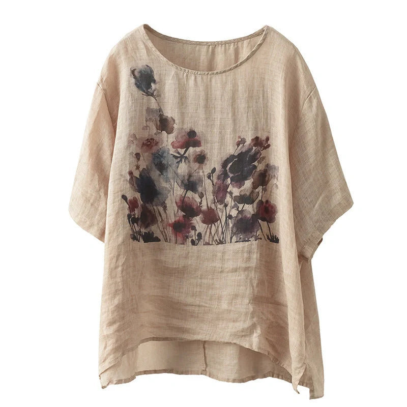 Vintage Ink Print Casual Short Sleeve T-shirt in white, champagne, and dark gray