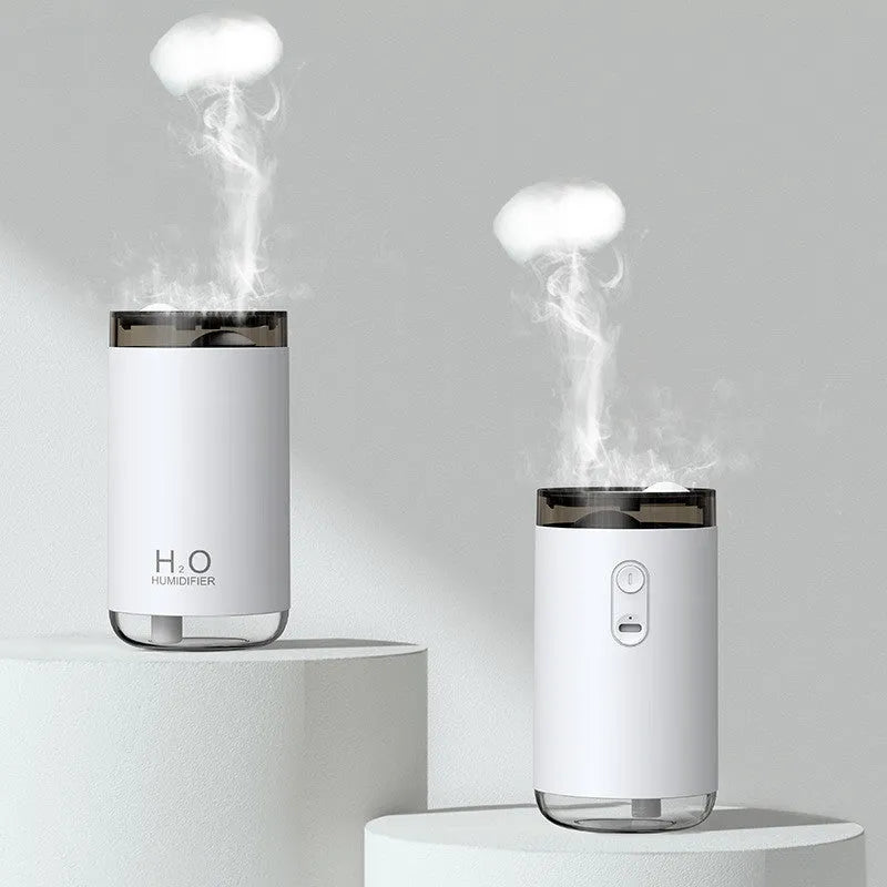 USB jellyfish humidifier diffuser with warm night light for home or car use, creative smoke ring design uses nano mist technology with silent operation below 36dB and 250ml water tank capacity available in pink, blue, or white colour options