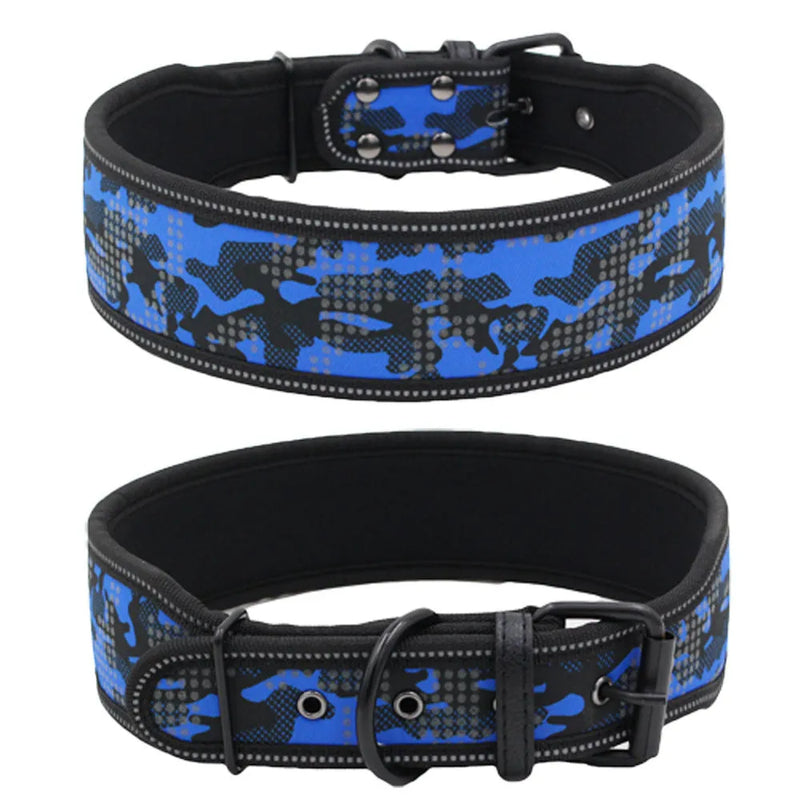 Reflective Camouflage Dog Collar in Nylon with Adjustable Sizes S 46cm M 56cm L 66cm and Optional Matching Lead Set for Daily Walks and Outdoor Training in Blue Black Red or Grey