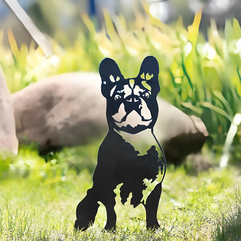 Metal dog silhouette garden decoration showing breed outline on iron background for outdoor display