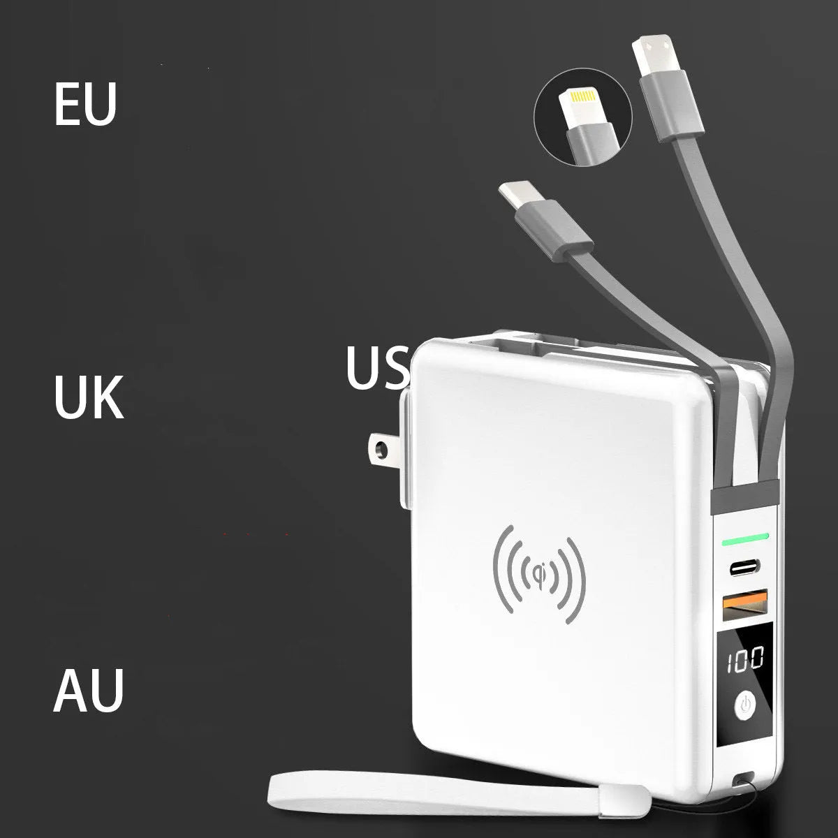 Super QI Wireless Charging Treasure PD20W Fast Power Bank showing integrated plug design and wireless charging surface