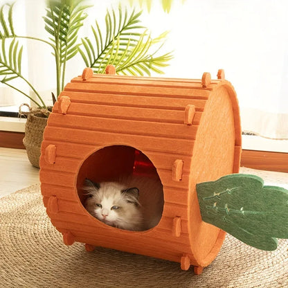 Felt cat tunnel with drilled semi-enclosed design showing peek-out openings