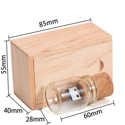 Chocolate brown wooden USB flash drive with personalised lettering and drift bottle storage design