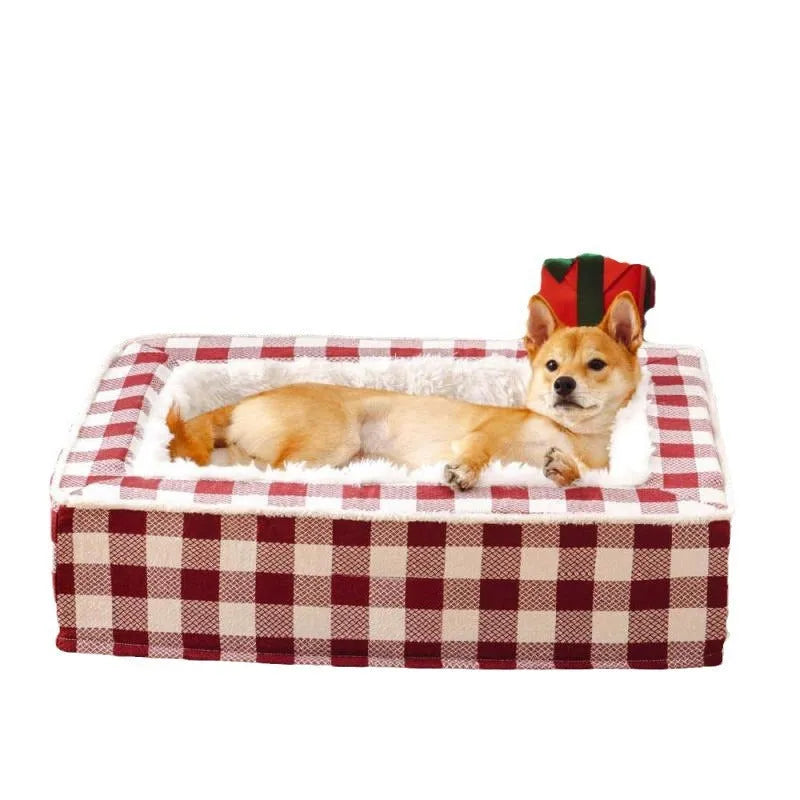 Classic plaid dog kennel with removable and washable cover in four season universal design, available in three sizes: M measures 65x50x16 cm, L measures 80x60x20 cm, XL measures 100x80x20 cm, comes in red, blue, black, and brown colour options