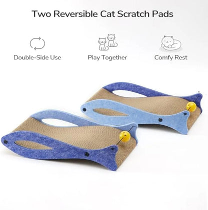 Blue fish-shaped cat scratcher with wavy lounge, bell toys, and 46x25x10cm dimensions