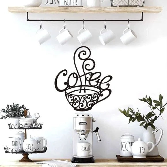 Black wrought iron wall decoration with English letter silhouettes, modern simple style.