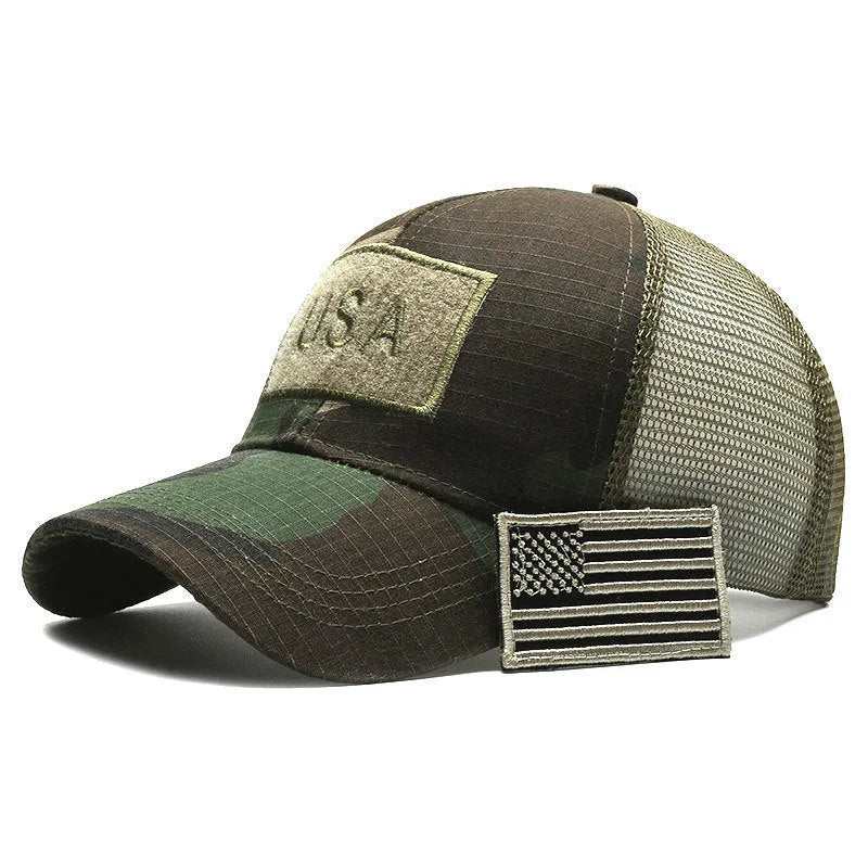 Tactical camouflage baseball cap with adjustable sizing and dome crown