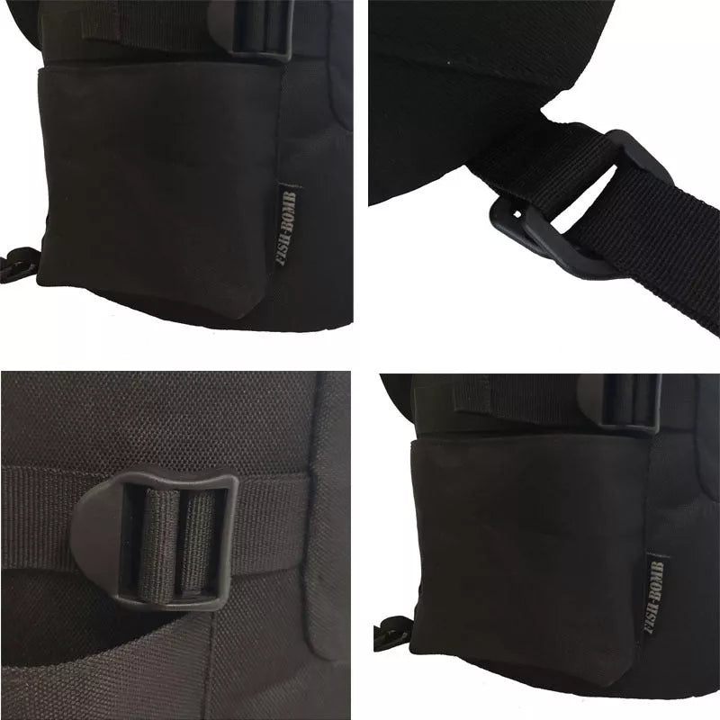 Black cylindrical fishing backpack with 36-55L capacity, lightweight and durable for outdoor use