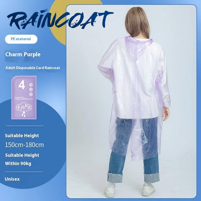 Disposable full body card raincoat in purple colour showing folded portable format