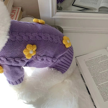 Purple floral print knitted dog jumper shown in size L with 35cm back length for dogs 4.00kg-5.00kg