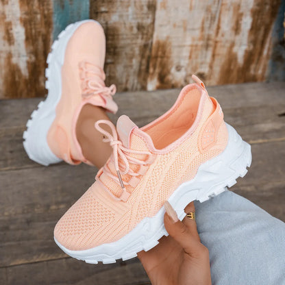 Women's Flyknit mesh casual sports shoes in multiple colours showing flat heel and lace-up design