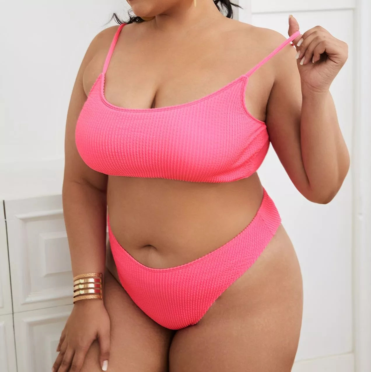 Plus-size solid pink bikini swimsuit with chest pad, available in sizes L to 4XL