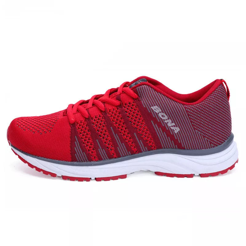 Women's mesh hiking and running shoes in red, grey, purple, and blue