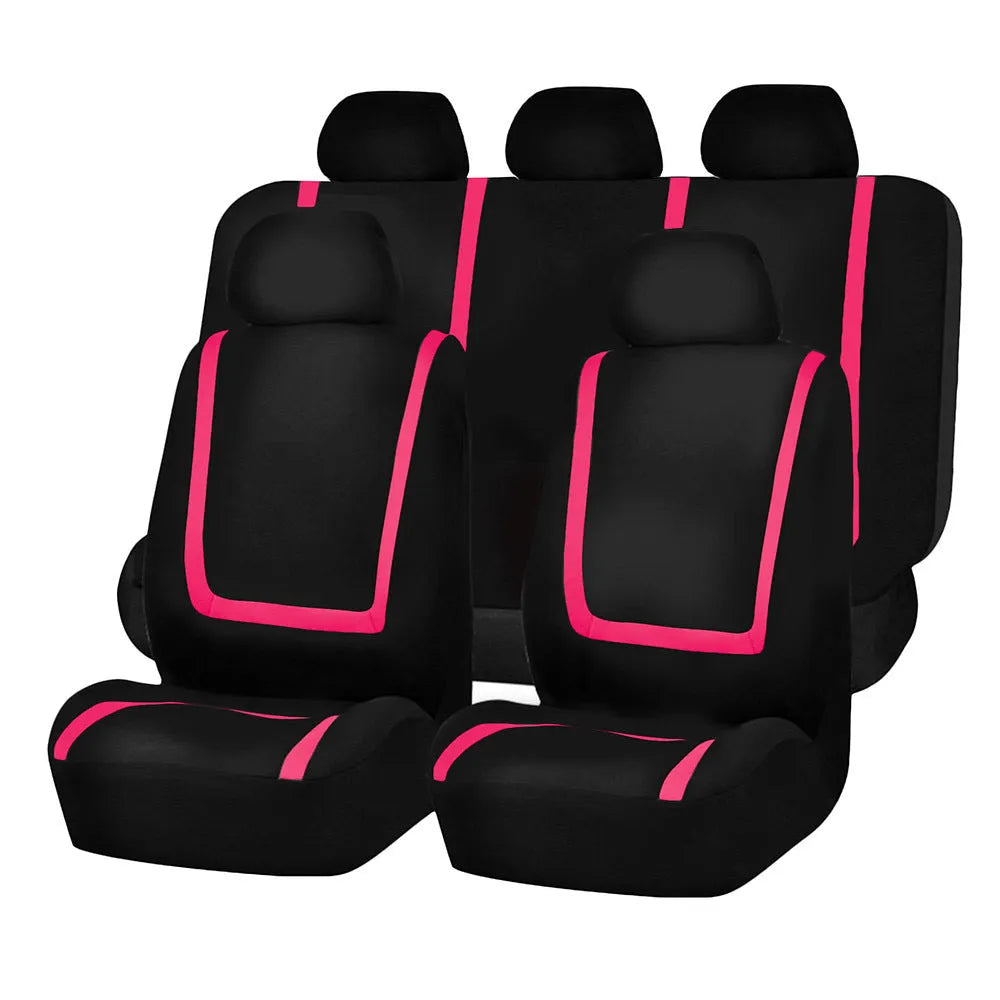 Fully enclosed fabric car seat cover set showing front and rear seat protection in a beige and black colour combination.