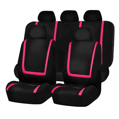 Fully enclosed fabric car seat cover set showing front and rear seat protection in a beige and black colour combination.