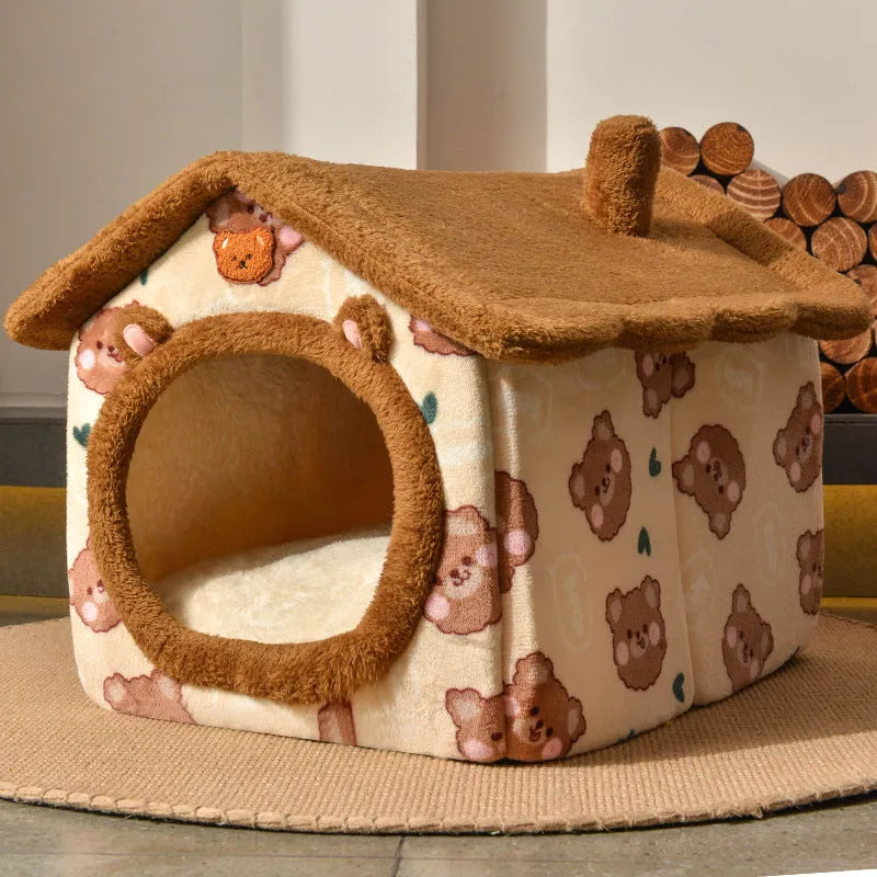 Removable washable plush pet bed house for cats and small dogs, closed yurt shape, available in brown, yellow, grey, blue and pink