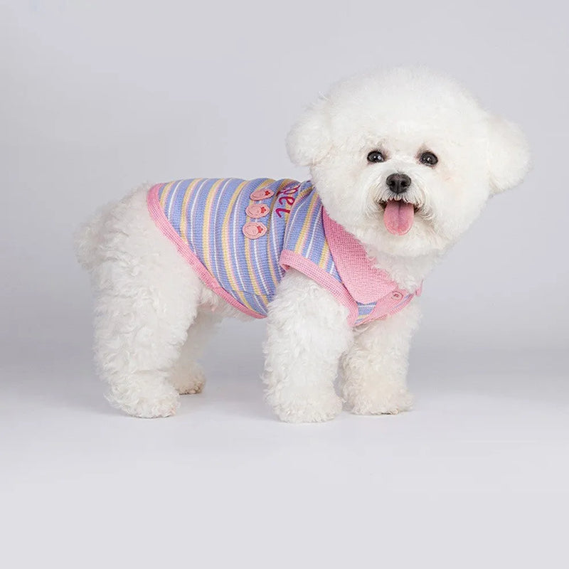Small dog pet vest in pink purple for autumn weather with six adjustable sizing options from XXS for 1.50kg dogs up to XXL for 14.00kg dogs, providing a lightweight garment for small breed canine companions