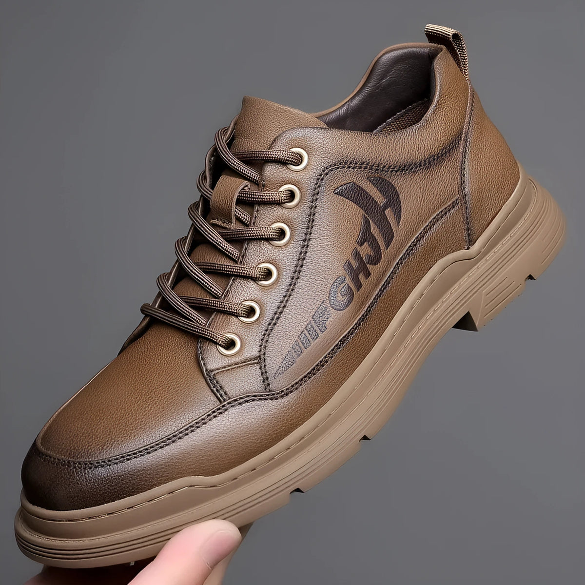Men's black and khaki leather business shoes with round toe, front tie, and low rubber sole