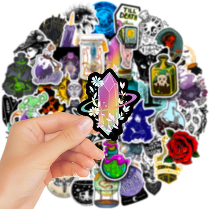 50 waterproof PVC stickers with glossy finish for laptops and skateboards measuring 3-8cm