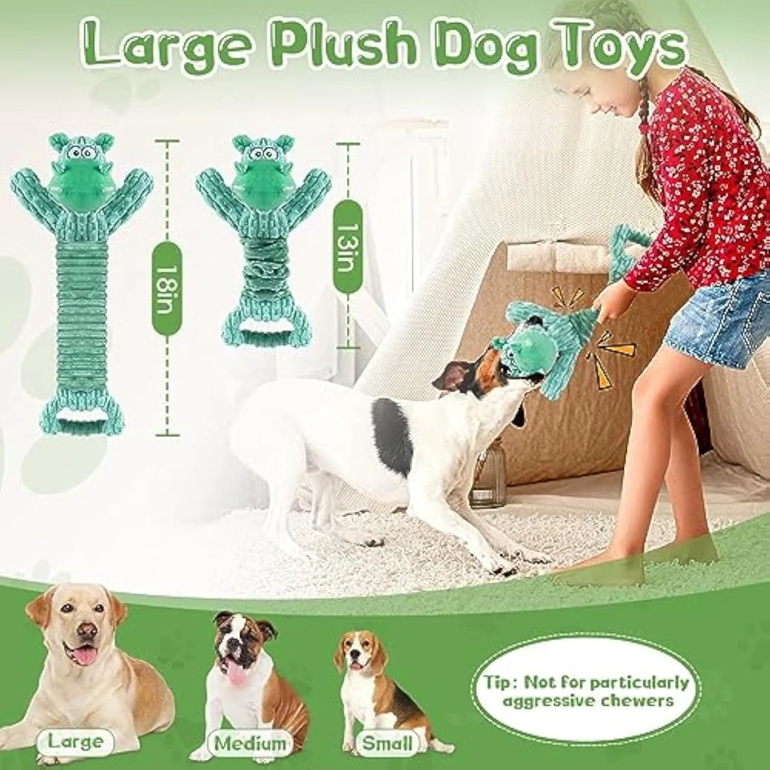 Large plush squeaky dog toy with telescopic body, crinkle paper, and handle for tug-of-war play