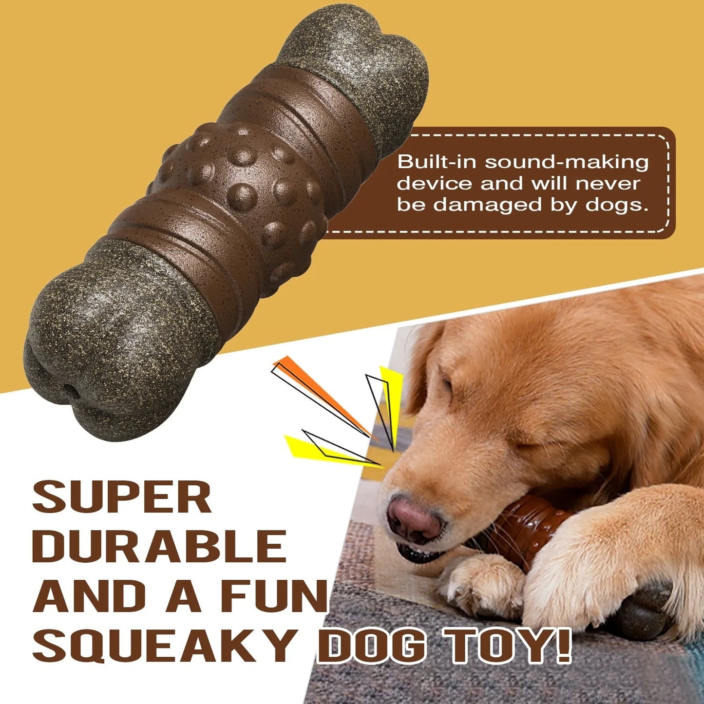 Wood-coloured plastic dog dental chew toy with textured surface for plaque control