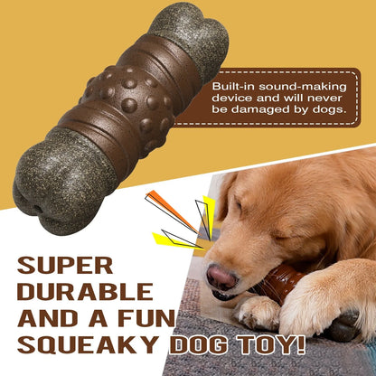 Wood-coloured plastic dog dental chew toy with textured surface for plaque control