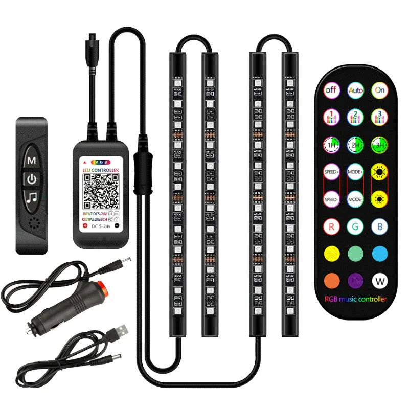 Stylish decorative car interior LED lights with wireless remote control and music-sync feature for customizable ambient lighting